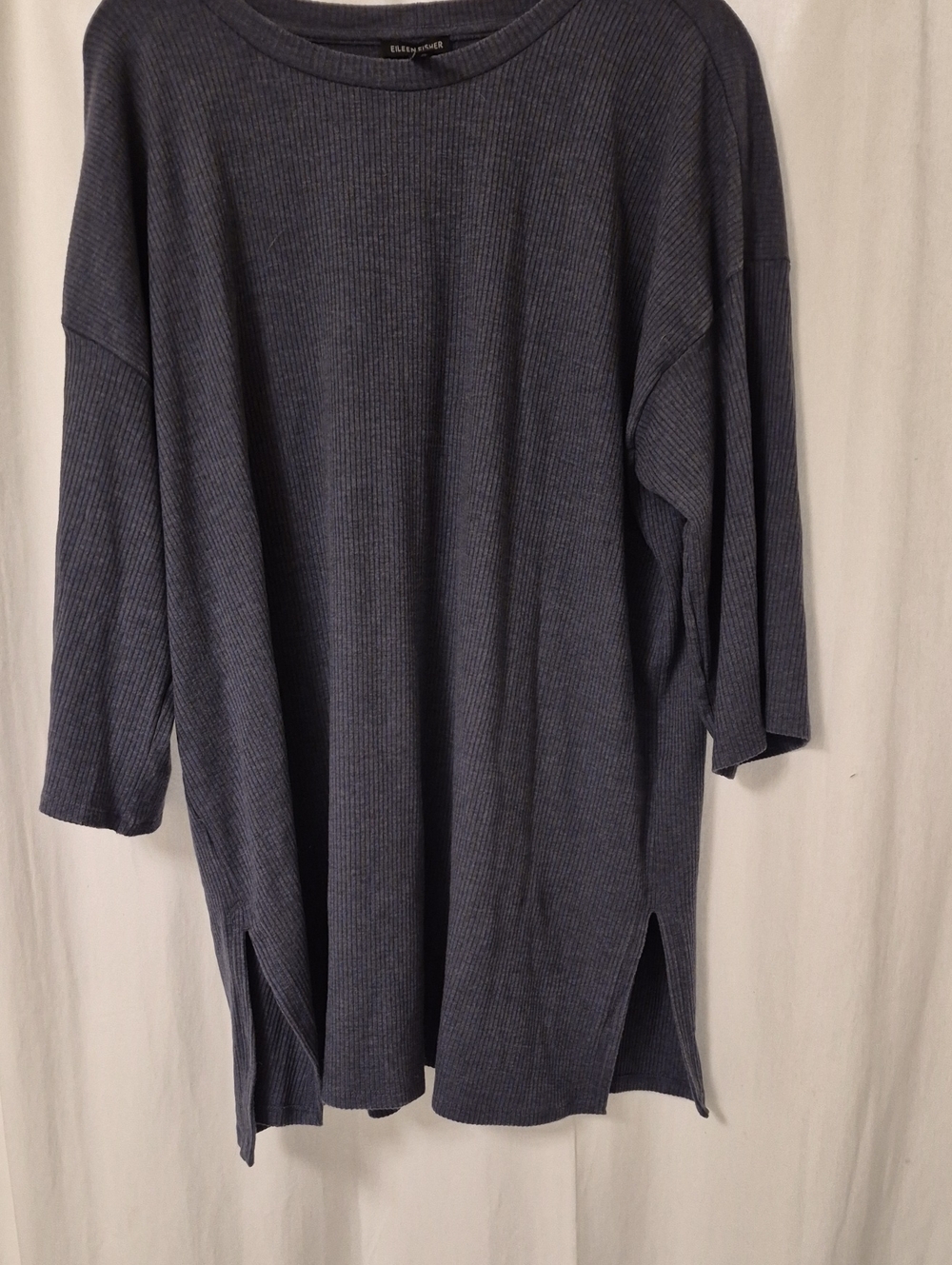 Eileen Fisher Slate Blue Ribbed Longline Crewneck Sweater